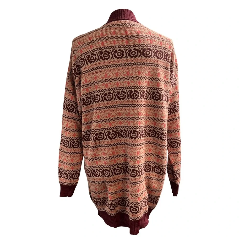 Matilda Jane Cardigan Maroon Fair Isle Open Front Size‎ L Comfort Casual Pockets